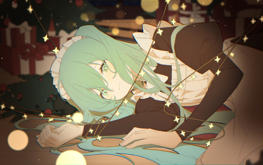 1girl alternate_costume apron baiweinid blue_eyes blue_hair bound box cable christmas enmaided gift gift_box hatsune_miku highres juliet_sleeves long_hair long_sleeves looking_at_viewer lying maid maid_headdress on_side puffy_sleeves solo string_lights tied_up_(nonsexual) twintails vocaloid