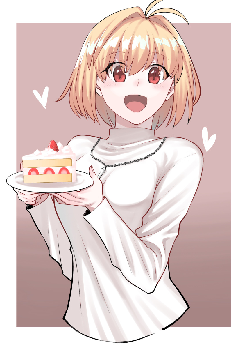 1girl absurdres antenna_hair arcueid_brunestud cake cropped_torso food fruit heart highres holding holding_tray jewelry long_hair long_sleeves looking_at_viewer medium_hair necklace open_mouth red_eyes sasaki33916 smile solo strawberry strawberry_shortcake sweater tray tsukihime turtleneck turtleneck_sweater white_sweater