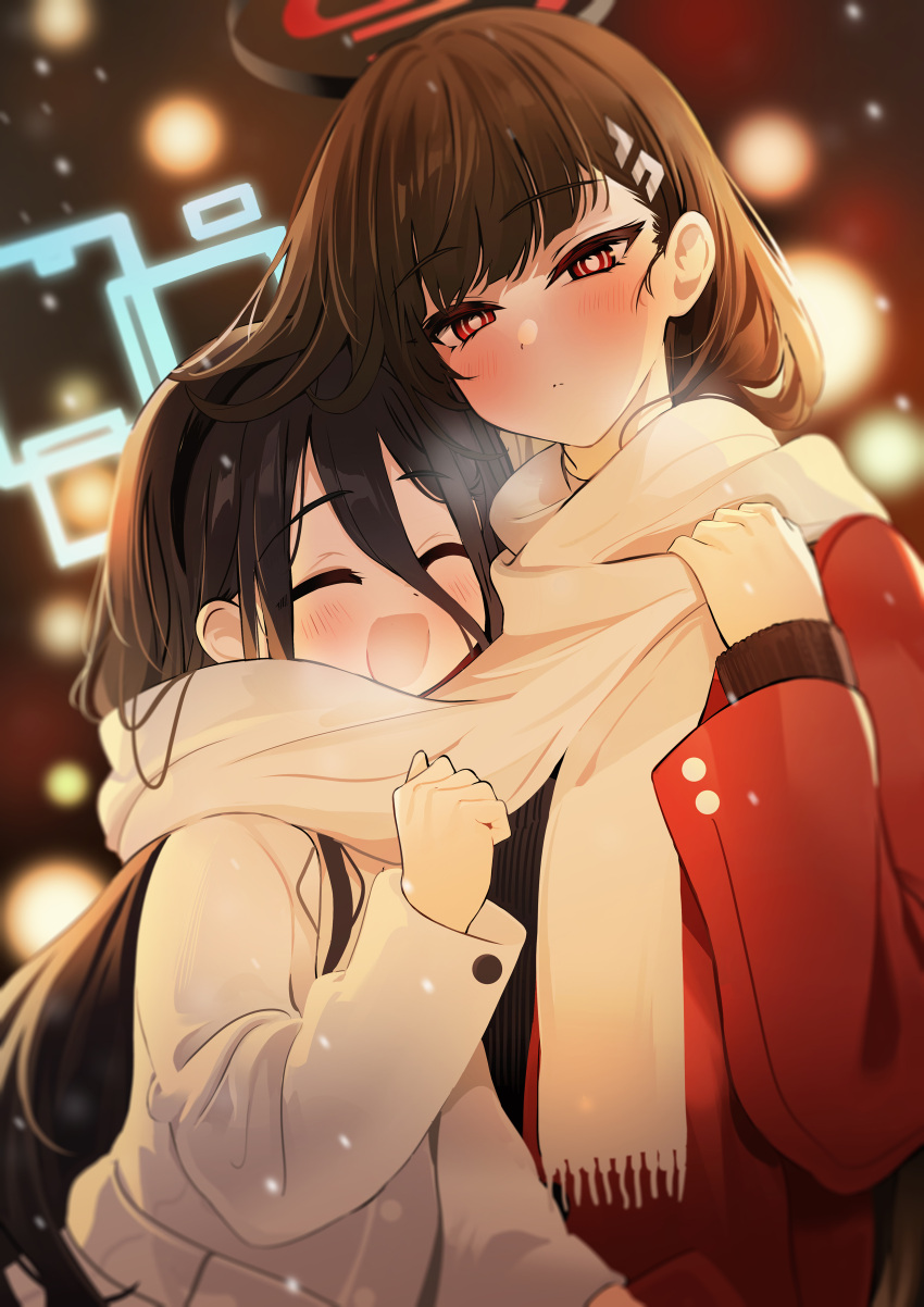 2girls absurdres age_difference aris_(blue_archive) black_hair blue_archive blunt_bangs blush bright_pupils hair_between_eyes hair_ornament hairclip halo height_difference highres long_hair long_sleeves looking_at_viewer multiple_girls open_mouth red_eyes rio_(blue_archive) scarf shared_clothes shared_scarf sidelocks smile snow snowing very_long_hair winter_clothes yuki_(asayuki101)
