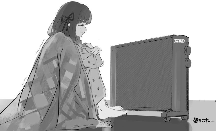 1girl barefoot blanket bow closed_eyes closed_mouth food_print greyscale hair_bow hair_ribbon heater highres hugging_own_legs long_hair long_sleeves monochrome on_ground original orval pajamas ribbon simple_background sitting solo strawberry_print translated trembling