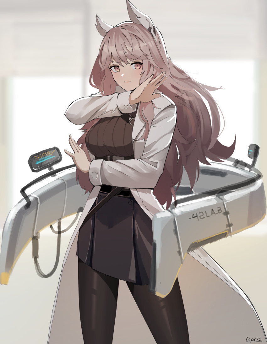 1girl absurdres artist_name black_pantyhose black_skirt breasts brown_eyes brown_hair brown_sweater coat commentary gar32 girls'_frontline_neural_cloud girls_frontline highres long_hair long_sleeves looking_at_viewer pantyhose persicaria_(neural_cloud) skirt smile solo steins;gate sweater symbol-only_commentary white_background white_coat