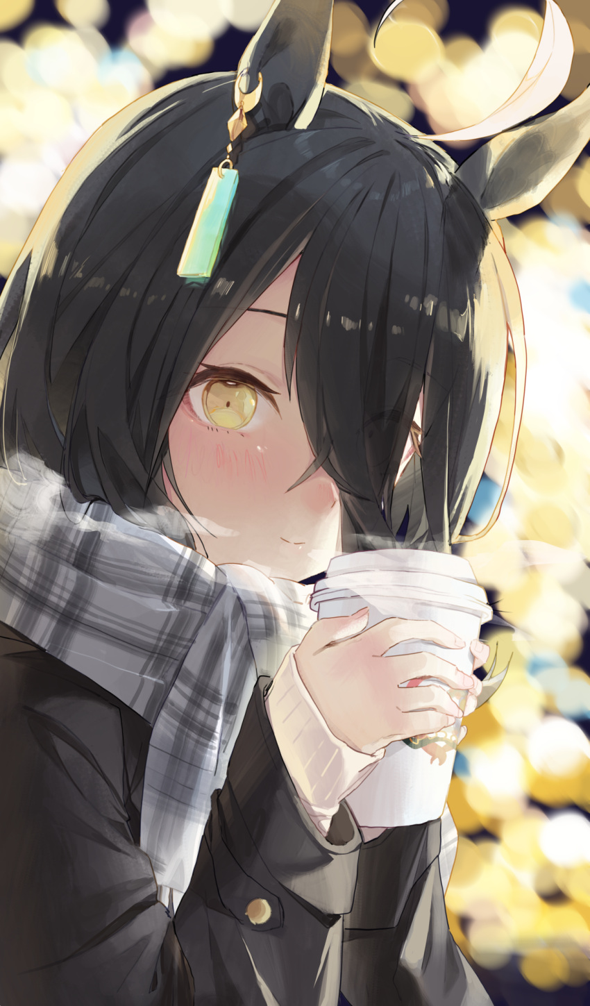 1girl ahoge amano_kokoko animal_ears black_coat black_hair closed_mouth coat coffee_cup cup disposable_cup earrings grey_scarf hair_over_one_eye highres holding holding_cup horse_ears horse_girl jewelry long_hair looking_at_viewer manhattan_cafe_(umamusume) multicolored_hair scarf single_earring smile solo steam sweater two-tone_hair umamusume white_hair white_sweater winter_clothes yellow_eyes