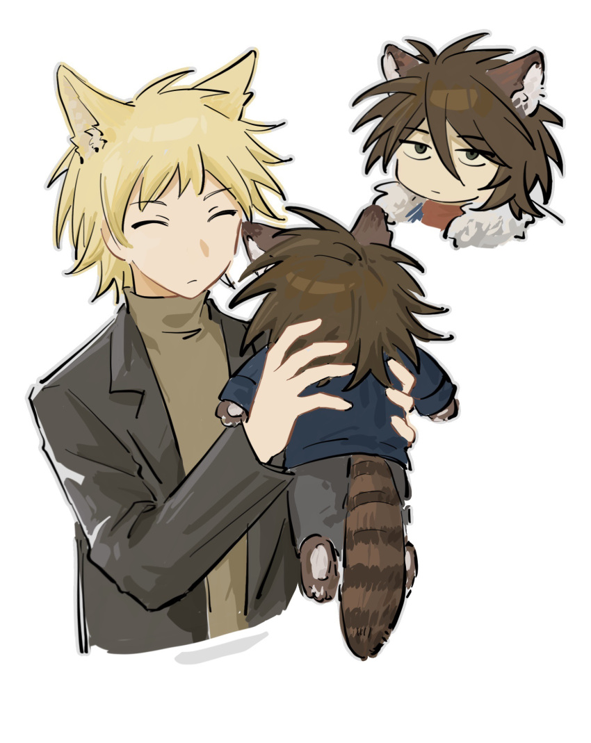 2boys animal_ear_fluff animal_ears animal_feet animal_hands atou_haruki black_jacket blonde_hair blue_jacket brown_hair brown_sweater cha_wu chinese_commentary closed_eyes closed_mouth commentary_request fox_boy fox_ears fur-trimmed_jacket fur_trim green_eyes grey_pants hair_between_eyes highres isoi_reiji jacket kemonomimi_mode long_sleeves male_focus multiple_boys no_nose open_clothes open_jacket pants raccoon_boy raccoon_ears raccoon_tail red_shirt saibou_shinkyoku sanpaku shirt short_hair simple_background sweater tail turtleneck turtleneck_sweater