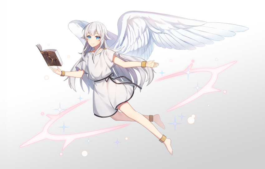 1other absurdres ambiguous_gender anklet barefoot blue_eyes book bracelet feathered_wings floating floating_book floating_object full_body grey_background grey_hair highres jewelry long_hair original short_sleeves sisi:shishi smile solo white_wings wings