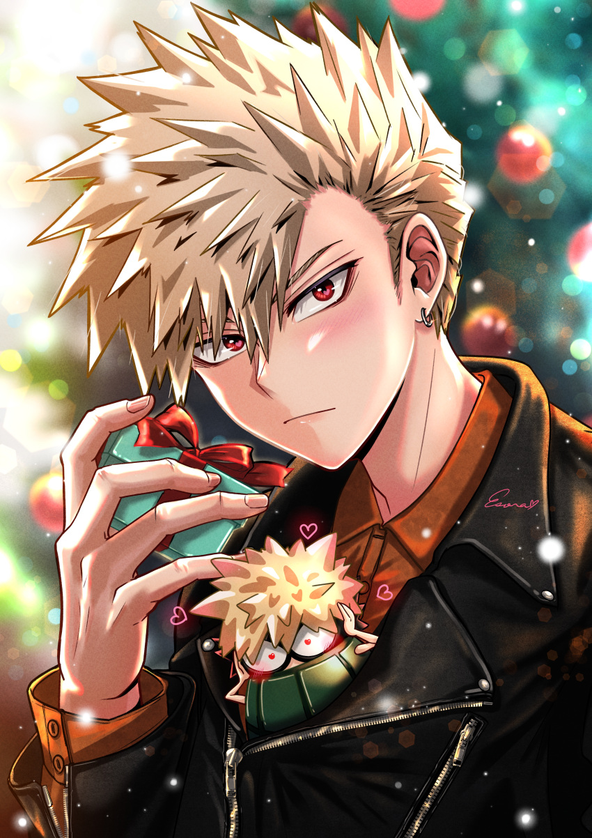 1boy absurdres bakugou_katsuki blonde_hair boku_no_hero_academia character_doll christmas christmas_present christmas_tree earrings esora-arts explosive gift grenade heart highres holding holding_gift jacket jewelry leather leather_jacket looking_at_viewer male_focus orange_shirt red_eyes shirt short_hair solo spiky_hair