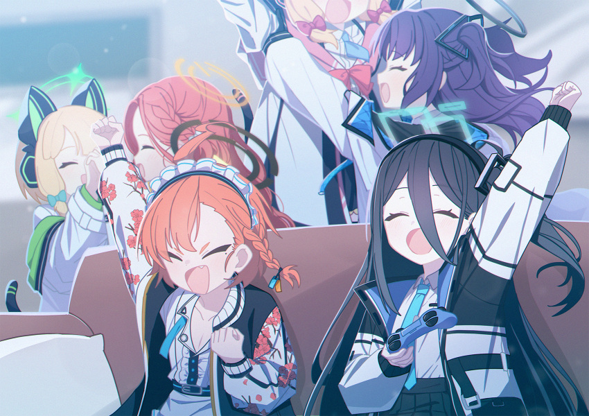 6+girls ^_^ ahoge aqua_necktie aris_(blue_archive) arm_up black_dog_(ckdfhd) black_hair black_hairband blonde_hair blue_archive blue_halo blue_necktie blurry blurry_background blush bow braid clenched_hand clenched_hands closed_eyes collared_shirt controller couch excited facing_viewer fang fist_pump floating_hair game_controller game_development_department_(blue_archive) green_bow green_halo hair_between_eyes hairband halo happy highres holding holding_controller holding_game_controller holding_hands indoors interlocked_fingers jacket lifting_person long_hair maid_headdress midori_(blue_archive) mole mole_under_eye momoi_(blue_archive) multiple_girls necktie neru_(blue_archive) on_couch one_side_up open_clothes open_jacket open_mouth orange_hair pink_halo profile purple_hair red_bow redhead shirt short_eyebrows short_hair single_braid sleeves_past_wrists smile two_side_up upper_body v-shaped_eyebrows very_long_hair white_shirt yellow_halo yuuka_(blue_archive) yuzu_(blue_archive)