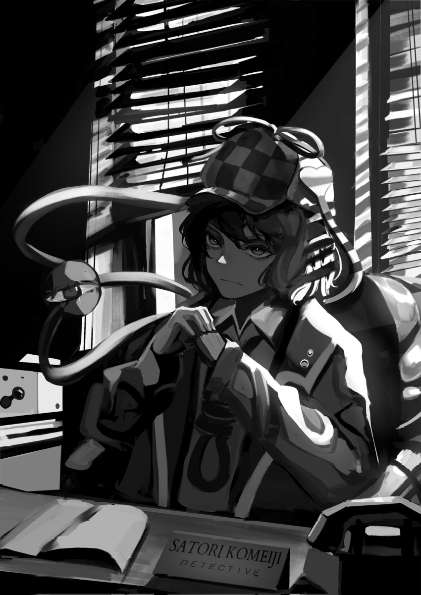 1girl character_name coat collared_shirt commentary cracking_knuckles deerstalker desk detective frown greyscale hat highres indoors komeiji_satori long_sleeves monochrome nameplate noose own_hands_together phone shirt short_hair solo sunlight third_eye touhou v-shaped_eyebrows window window_shutter yuhel
