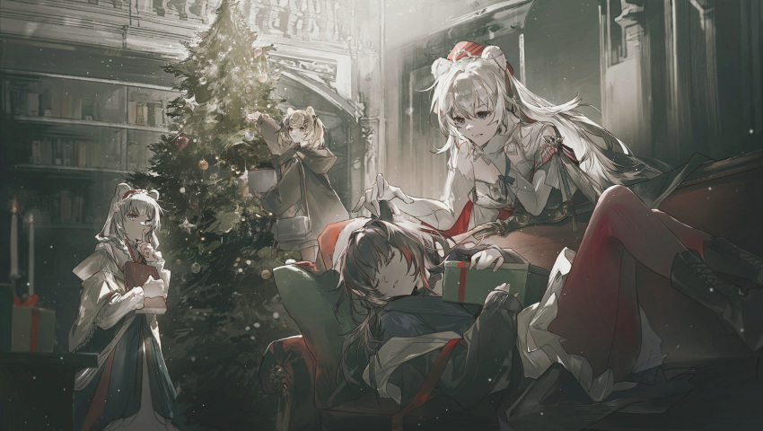 4girls animal_ears arknights bag bear_ears bear_girl blonde_hair blue_eyes blue_ribbon book bookshelf boots braid brown_footwear brown_hair candle cheonyeon-hi choker christmas_ornaments christmas_tree couch dress finger_to_mouth gift gloves gummy_(arknights) hair_ornament hairclip hand_on_another's_ear hat headband heterochromia highres holding holding_book holding_gift hood hoodie istina_(arknights) istina_(bibliosmia)_(arknights) jacket long_hair looking_ahead looking_at_another looking_back monocle multicolored_hair multiple_girls on_couch red_eyes red_thighhighs ribbon rosa_(arknights) rosa_(masterpiece)_(arknights) santa_hat short_twintails shoulder_bag shushing sleeping strapless strapless_dress streaked_hair tassel thigh-highs twintails white_gloves white_hair zima_(arknights) zima_(ready_to_go)_(arknights)