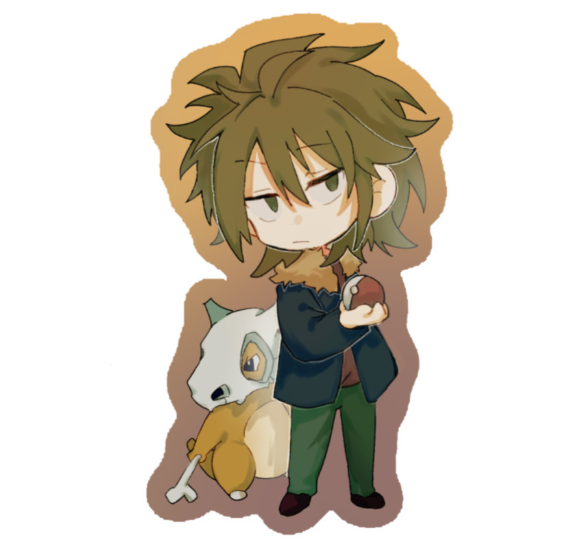1boy absurdres blue_jacket brown_hair chibi chinese_commentary closed_mouth commentary_request crossover cubone fur-trimmed_jacket fur_trim green_eyes green_pants hair_between_eyes highres holding holding_poke_ball isoi_reiji jacket long_sleeves male_focus medium_hair open_clothes open_jacket pants poke_ball pokemon pokemon_(creature) red_shirt saibou_shinkyoku shirt shuijiaohao simple_background white_background