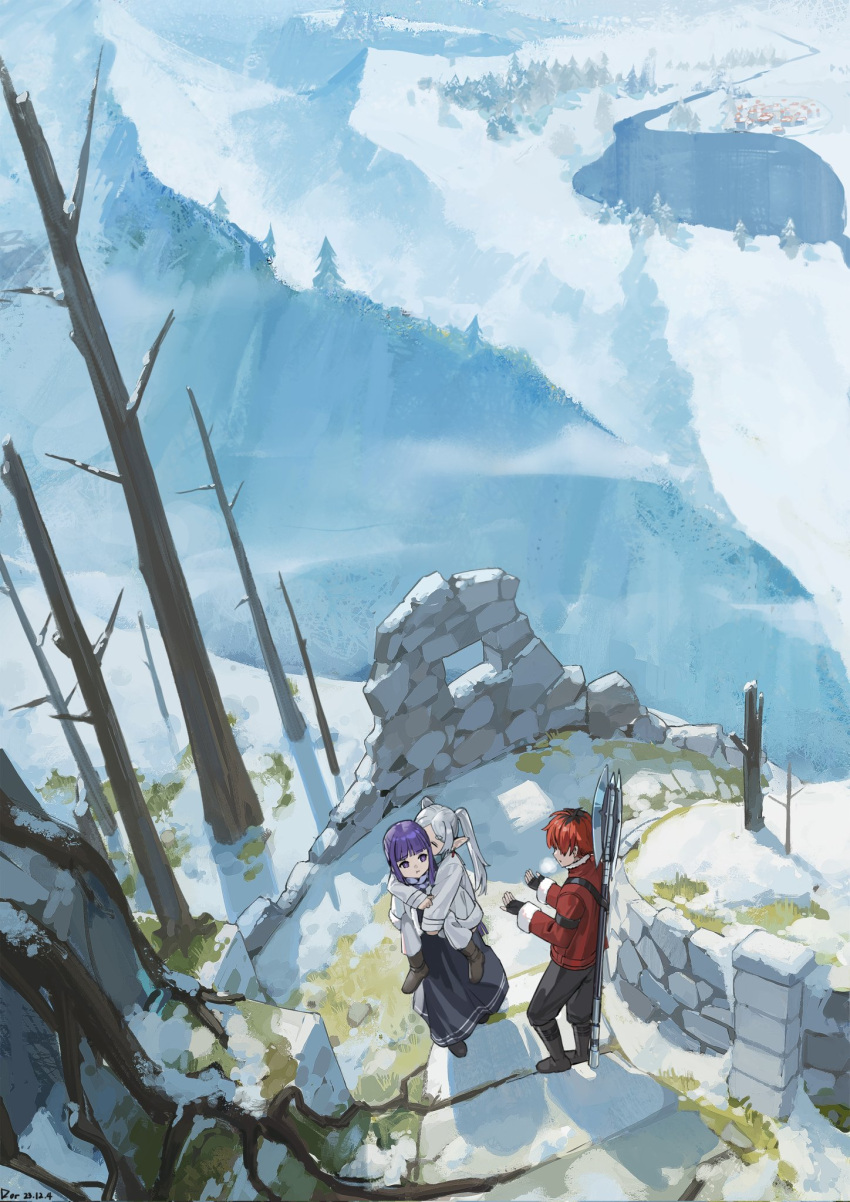 1boy 2girls artist_name axe bare_tree black_footwear black_hair black_pants brick brown_footwear carrying coat dated dor_m fern_(sousou_no_frieren) frieren highres lake long_sleeves looking_at_another mountain multicolored_hair multiple_girls outdoors pants piggyback pine_tree pointy_ears purple_hair red_coat redhead river roots scenery sleeves_past_wrists snow sousou_no_frieren standing stark_(sousou_no_frieren) tree twintails violet_eyes weapon weapon_on_back white_hair