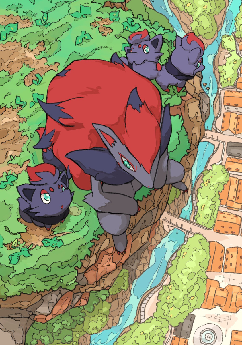 animal_focus aomon_(yuuji7604) black_fur blue_eyes commentary_request evolutionary_line from_above grass highres house long_hair no_humans on_grass pokemon pokemon_(creature) redhead river sitting water zoroark zorua