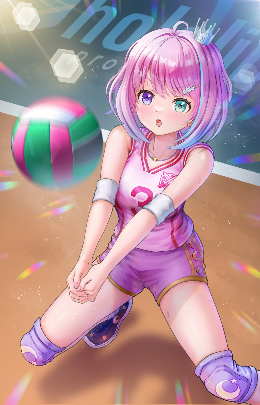 1girl :o absurdres ahoge ball blue_hair commission crown elbow_pads gradient_hair green_eyes hair_intakes heterochromia highres himemori_luna hololive knee_pads long_hair mini_crown multicolored_hair open_mouth pink_hair pink_shirt pink_shorts shirt short_shorts shorts skeb_commission sleeveless sleeveless_shirt solo sportswear violet_eyes virtual_youtuber volleyball volleyball_(object) volleyball_uniform wajuniorbox