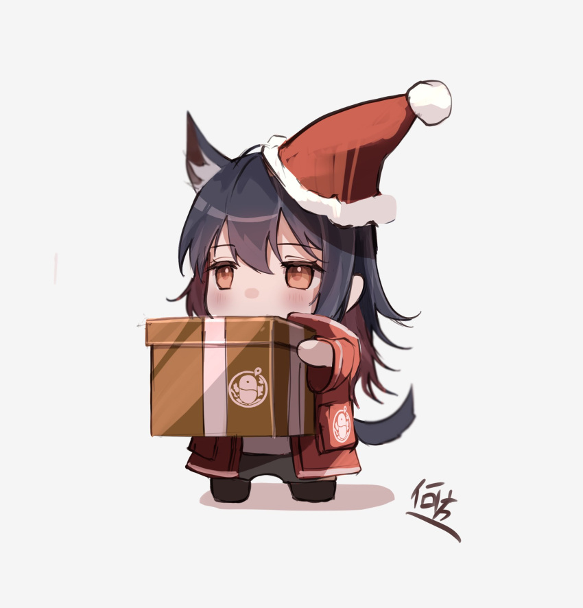 1girl ahoge alternate_costume animal_ear_fluff animal_ears arknights artist_name blue_hair blue_tail blurry blush box brown_eyes brown_footwear chibi christmas christmas_present coat colored_inner_hair commentary covered_mouth donata_(donatasama) extra_ears eyelashes from_side full_body fur-trimmed_headwear fur_trim gift gift_box gift_wrapping grey_pants hair_between_eyes hands_up hat highres holding holding_gift invisible_floor long_hair long_sleeves looking_afar looking_ahead multicolored_hair open_clothes open_coat pants penguin_logistics_logo pocket pom_pom_(clothes) pouch red_coat red_headwear redhead santa_hat shirt sidelocks signature simple_background solo standing tail texas_(arknights) two-tone_hair white_background white_shirt wide_sleeves wolf_ears wolf_girl wolf_tail