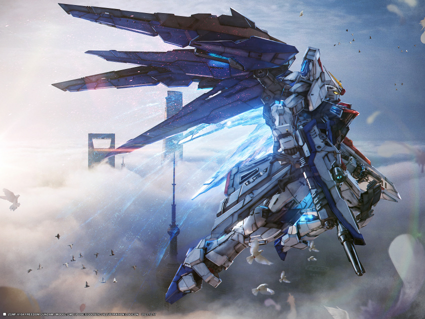 absurdres beam_rifle bird blue_sky building clouds dove energy_gun exhaust flying freedom_gundam from_side full_body gun gundam gundam_seed highres holding holding_gun holding_weapon lens_flare lolicon_(lolicon42051636) mecha mechanical_wings mobile_suit no_humans photoshop_(medium) profile robot science_fiction sky solo sunlight v-fin weapon wings yellow_eyes