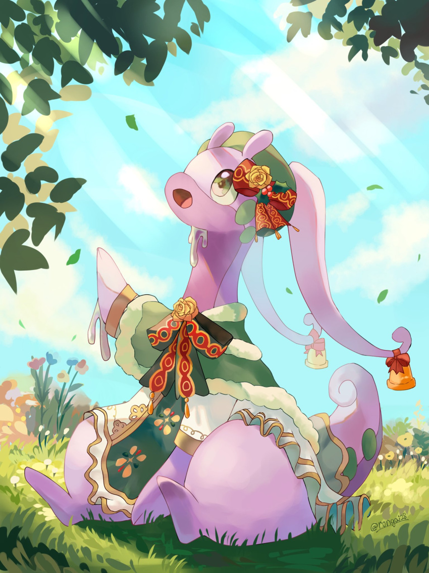 animal_focus bell blue_sky clothed_pokemon clouds colored_skin commentary_request goodra green_eyes highres leaf no_humans on_grass open_mouth pokemon pokemon_(creature) purple_skin rongai28 sky slime_(substance) sunlight tail