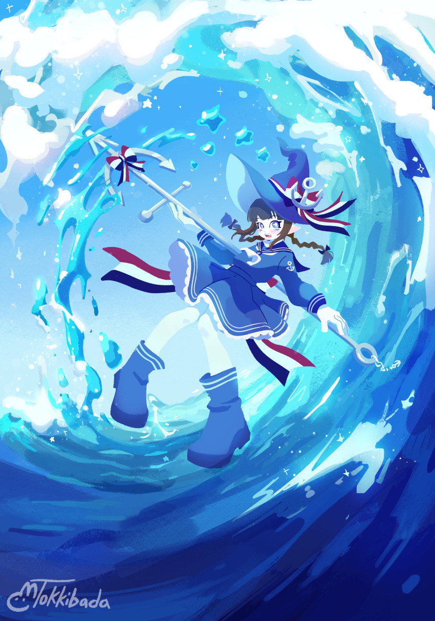 1girl absurdres anchor_symbol artist_name black_hair blue_dress blue_eyes blue_footwear blue_sky braid dress english_commentary full_body hat highres holding holding_polearm holding_weapon knees_together_feet_apart long_hair low-tied_long_hair oounabara_to_wadanohara open_mouth polearm shoes sky solo sparkle spear teeth tokkibada twintails wadanohara water waves weapon witch_hat