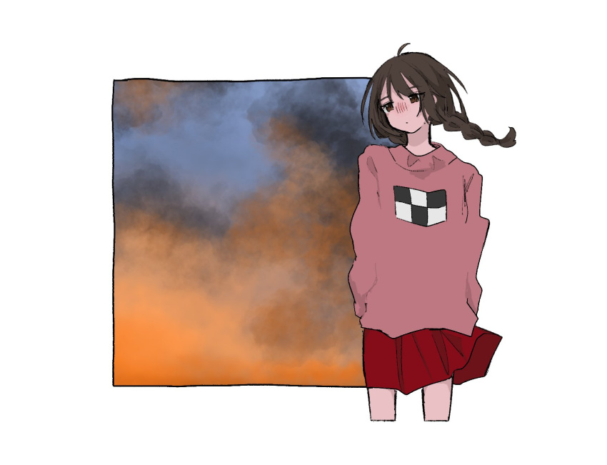 1girl arms_at_sides border braid brown_eyes brown_hair closed_mouth clouds commentary cropped_legs denkai_461 expressionless floating_hair gradient_sky half-closed_eyes highres koorimizuiro_(utau) long_hair long_sleeves looking_to_the_side low_twin_braids madotsuki outside_border pink_sweater print_sweater red_skirt skirt sky solo sweater twilight twin_braids white_border yume_nikki