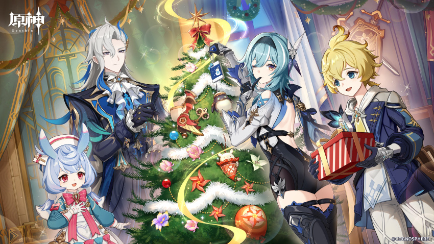 2boys 2girls :d absurdres antenna_hair ascot ass backless_outfit bare_back black_gloves black_hairband black_shorts black_thighhighs blonde_hair blue_coat blue_dress blue_eyes blue_hair blue_jacket christmas_tree coat commentary_request copyright_name cowboy_shot dress eula_(genshin_impact) genshin_impact gloves grey_hair hair_ornament hairband hand_up high-waist_shorts highres indoors jacket juliet_sleeves long_hair long_sleeves mika_(genshin_impact) multiple_boys multiple_girls neuvillette_(genshin_impact) official_art one_eye_closed pink_eyes puffy_sleeves shirt shorts sigewinne_(genshin_impact) smile standing thigh-highs thighs white_ascot white_shirt yellow_eyes