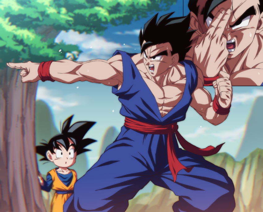 2boys black_eyes black_hair blue_jumpsuit blue_sky brothers clouds day dragon_ball dragon_ball_z jumpsuit multiple_boys muscular muscular_male orange_jumpsuit outdoors rom_(20) short_hair siblings sky son_gohan son_goten training tree