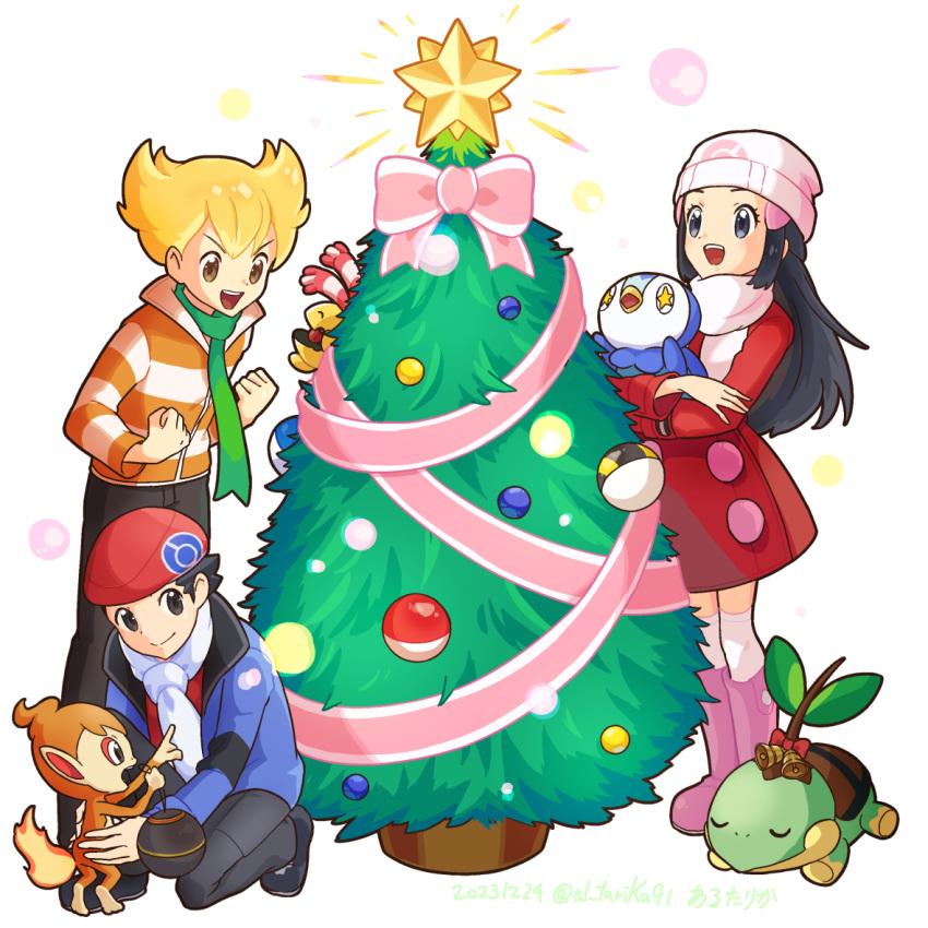 1girl 2boys arutarika_(ri_kaoekaki) barry_(pokemon) beanie beret black_hair blonde_hair boots buttons chimchar chingling christmas christmas_tree closed_mouth coat commentary_request green_scarf hair_ornament hairclip hat hikari_(pokemon) holding holding_pokemon jacket long_hair long_sleeves lucas_(pokemon) multiple_boys over-kneehighs pants piplup pokemon pokemon_(creature) pokemon_dppt pokemon_platinum red_coat red_headwear scarf shoes short_hair smile starter_pokemon_trio striped striped_jacket thigh-highs tree turtwig white_background
