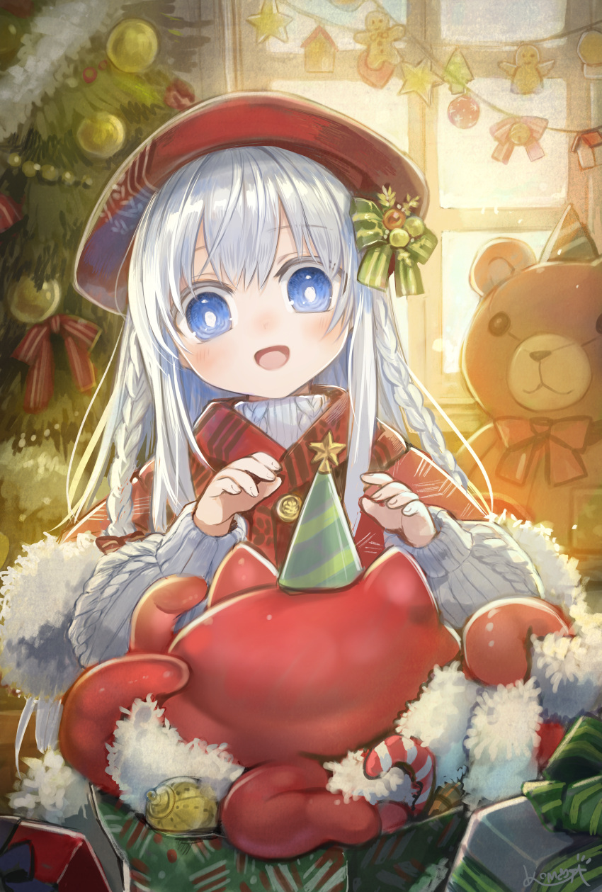 1girl absurdres blue_eyes box braid christmas christmas_ornaments christmas_present christmas_tree creature garland_(decoration) gift gift_box hat highres komota_(kanyou_shoujo) long_hair lucette_(komota_(kanyou_shoujo)) open_mouth original party_hat smile solo stuffed_animal stuffed_toy teddy_bear tentacles twin_braids white_hair