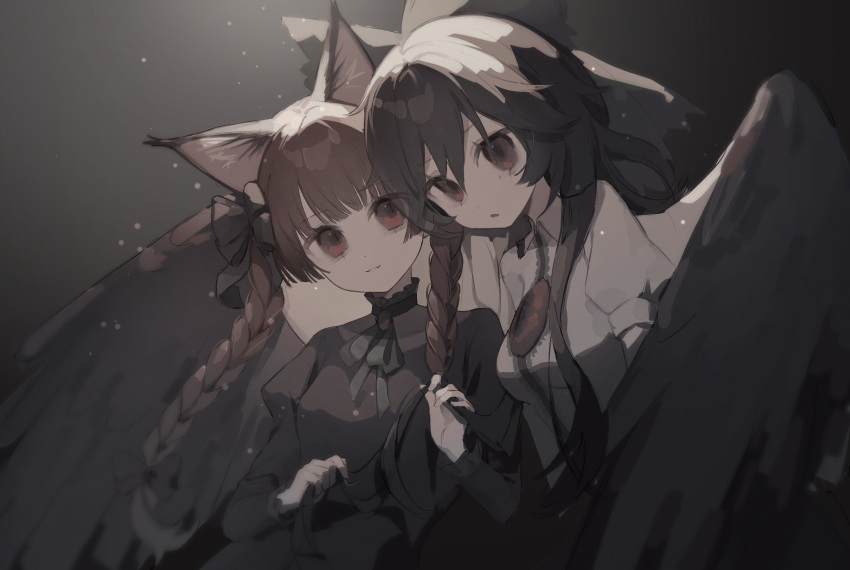 2boys animal_ears bird_wings black_dress black_hair black_wings bow braid breasts cat_ears closed_mouth collared_shirt dress feathered_wings green_bow hair_bow highres juliet_sleeves kaenbyou_rin long_hair long_sleeves multiple_boys parted_lips puffy_short_sleeves puffy_sleeves rcs_4 red_eyes redhead reiuji_utsuho shirt short_sleeves small_breasts third_eye touhou twin_braids white_shirt wings