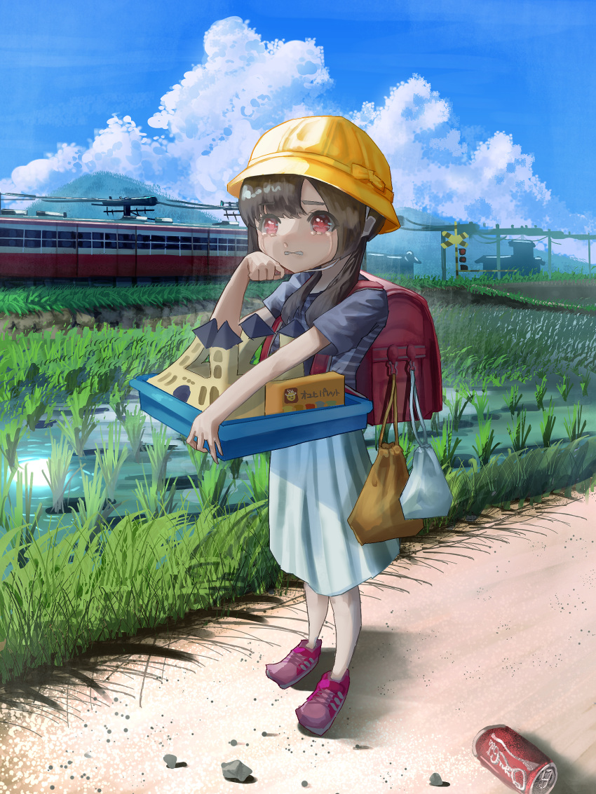 1girl absurdres backpack bag blue_sky brown_hair can child clouds coca-cola crying crying_with_eyes_open day drink_can full_body grass grey_shirt hat highres holding holding_tray kagenoyuhi long_hair looking_at_viewer low_twintails model_building original outdoors purple_footwear randoseru red_bag red_eyes rice_paddy school_hat shirt shoes short_sleeves skirt sky soda_can solo standing streaming_tears striped striped_shirt tears train tray twintails white_skirt wiping_tears yellow_headwear
