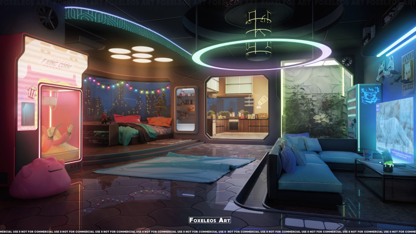 3d absurdres air_conditioner artist_name banana bed bedroom blanket blender_(medium) bonsai book book_stack bookshelf building can ceiling ceiling_light city_lights cityscape coffee_table commentary couch ditto energy_drink english_commentary filian_(vtuber) flat_screen_tv floor flower food fox_mask foxeleos fruit glowing highres indie_virtual_youtuber indoors kitchen kunai living_room mask monster_energy neon_lights night no_humans original oven photoshop_(medium) pillow plant pokemon ramen reflective_floor rug scenery shelf steam string_of_light_bulbs stuffed_toy table television tile_ceiling tile_floor tiles vending_machine virtual_youtuber wanted watermark weapon white_flower