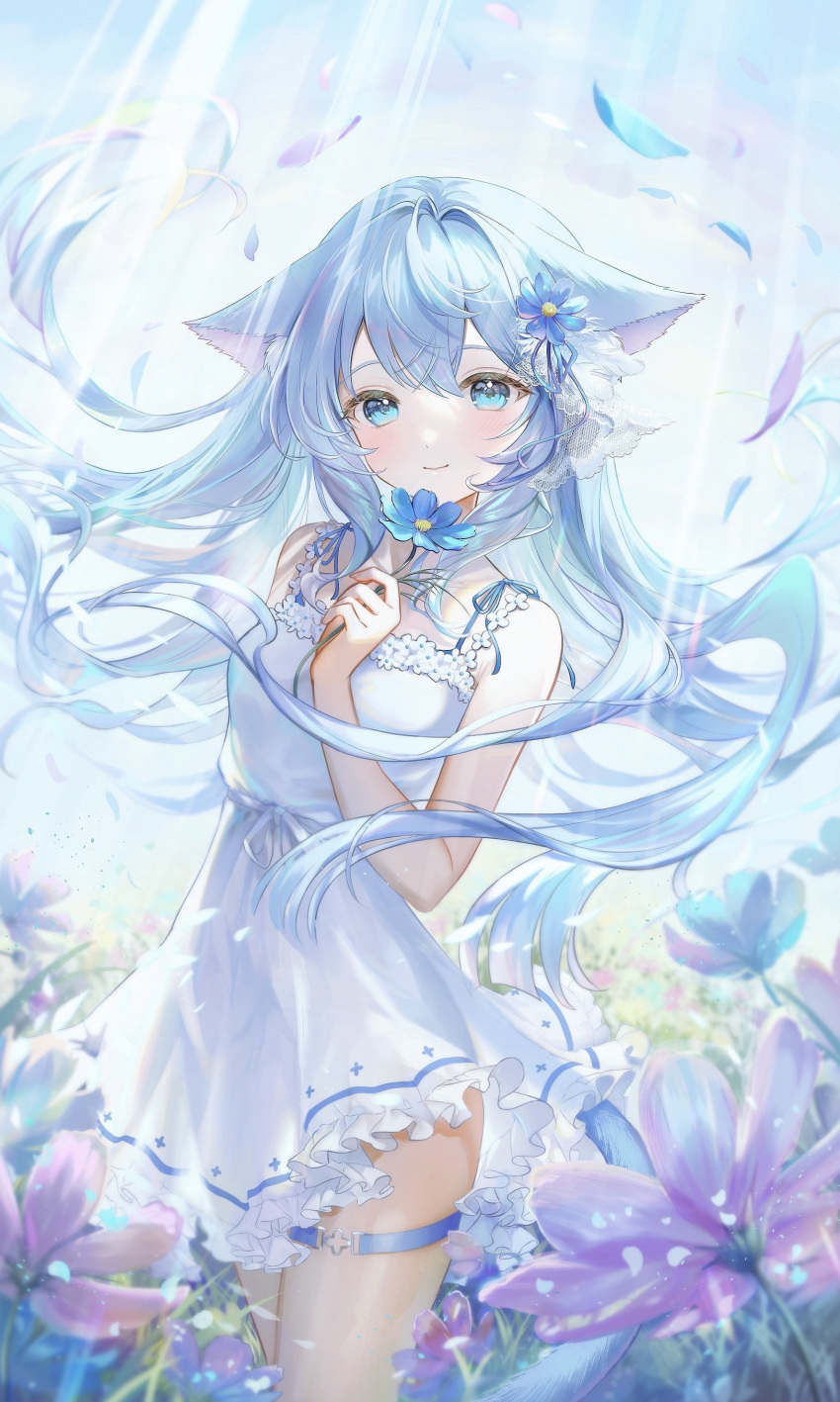 1girl absurdres animal_ears bare_arms blue_eyes blue_flower blue_hair blush cat_ears closed_mouth day dress field floating_hair flower flower_field hair_between_eyes hair_flower hair_ornament highres hiiragisoyogi holding holding_flower long_hair looking_at_viewer original outdoors pink_flower short_dress sleeveless sleeveless_dress smile solo sundress sunlight thigh_strap very_long_hair white_dress
