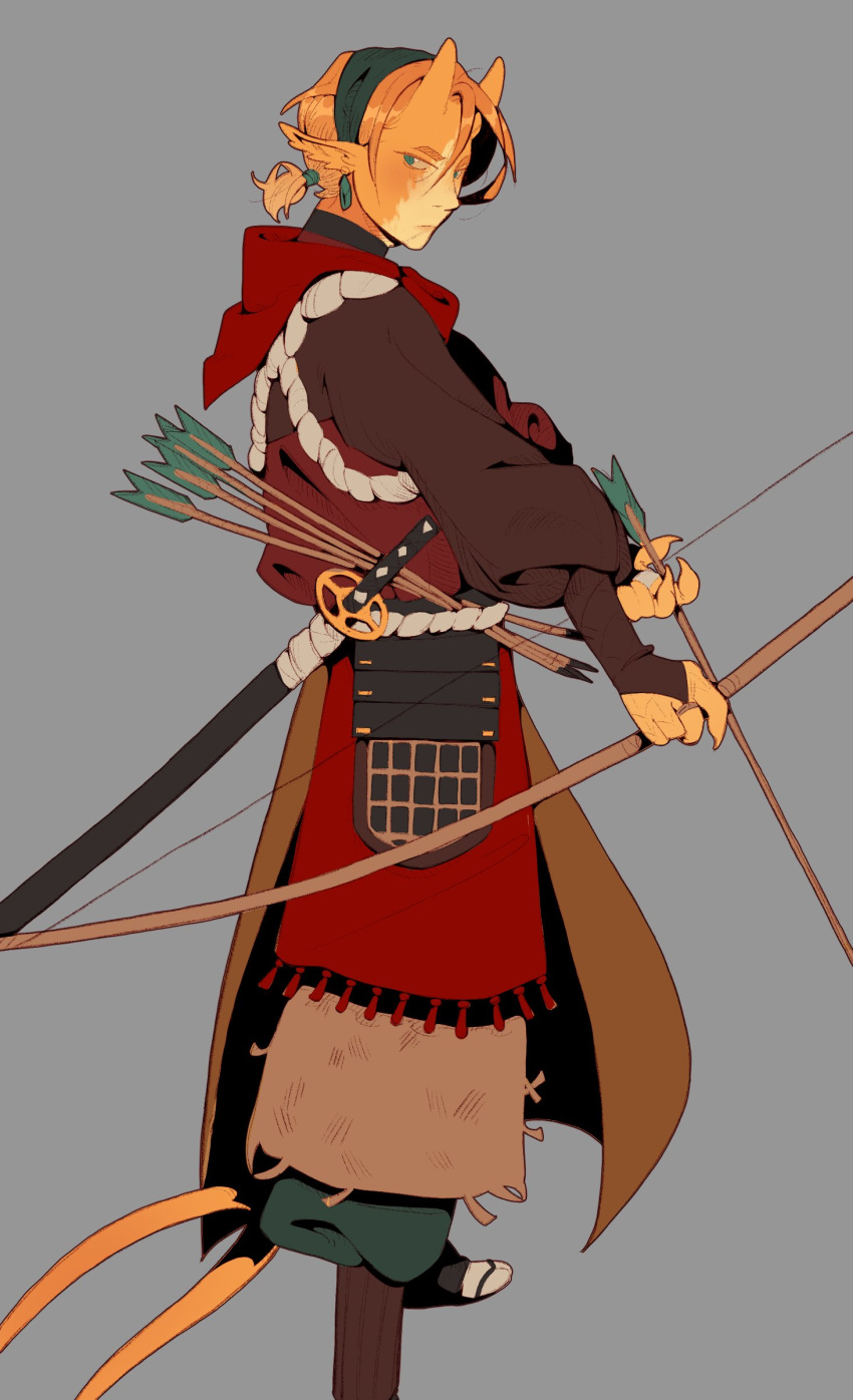 1boy absurdres arrow_(projectile) bow_(weapon) cape drawing_bow earrings expressionless fingernails from_side green_hairband grey_background hairband highres holding holding_arrow holding_bow_(weapon) holding_weapon horns japanese_clothes jewelry katana looking_at_viewer oni oni_horns original pointy_ears red_cape sash sharp_fingernails short_ponytail simple_background solo standing sword tail turtle-brownie weapon