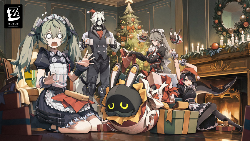 1boy 3girls alexandrina_sebastiane apron arms_up bangboo_(zenless_zone_zero) black_hair black_socks black_thighhighs brown_hair chair christmas_ornaments christmas_present christmas_tree corin_wickes cup ellen_joe fins fish_tail gift green_hair hair_between_eyes hat highres holding holding_cup long_sleeves maid maid_apron maid_headdress multicolored_hair multiple_girls o_o official_art one_eye_closed open_mouth puffy_long_sleeves puffy_short_sleeves puffy_sleeves red_eyes redhead santa_hat shark_girl shark_tail short_hair short_sleeves sitting socks stretching sweatdrop swept_bangs tail thigh-highs twintails von_lycaon wariza wolf_boy wrist_cuffs yawning zenless_zone_zero