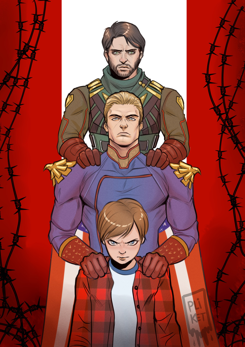 3boys absurdres age_difference alternate_universe bad_end barbed_wire blonde_hair blue_eyes brown_hair cape child english_commentary evil_eyes facial_hair family father_and_son gloves grandfather_and_grandson highres homelander looking_at_viewer multiple_boys serious signature soldier_boy_(the_boys) spoilers superhero tazahanum the_boys uniform