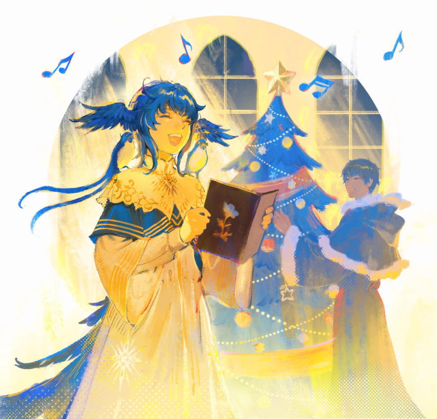 1boy 1girl ^_^ alternate_costume animal_on_shoulder bird bird_girl bird_on_shoulder bird_tail bird_wings black_capelet black_coat black_hair black_robe blue_bird blue_hair book capelet christmas christmas_tree closed_eyes coat collared_capelet commentary cowboy_shot feathered_wings final_fantasy final_fantasy_xiv fur-trimmed_capelet fur-trimmed_robe fur-trimmed_sleeves fur_trim happy head_wings hermes_(ff14) highres holding holding_book meteion music musical_note open_mouth reneelric robe short_hair singing smile standing symbol-only_commentary tail window wings yellow_capelet yellow_robe