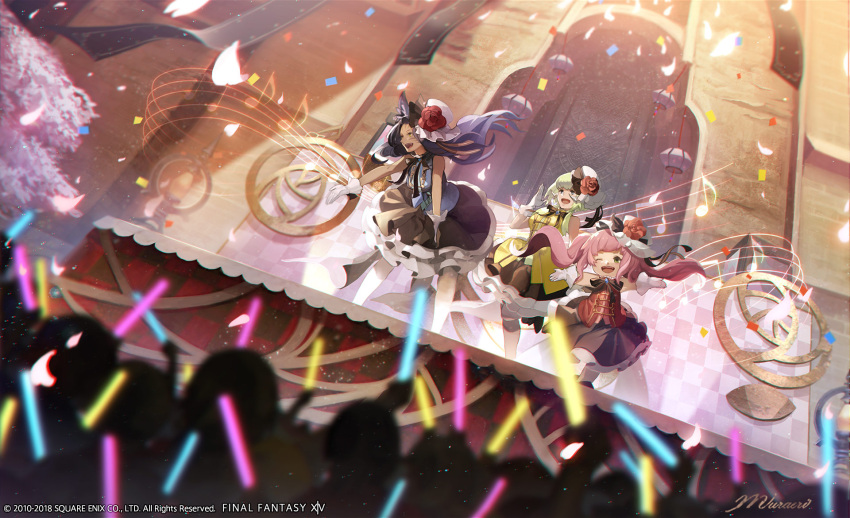3girls :d artist_request au_ra black_skirt blue_hair confetti dancing facial_mark final_fantasy final_fantasy_xiv flower gloves glowstick green_eyes green_hair hair_flower hair_ornament highres holding_glowstick idol lalafell lantern long_hair masha_mhakaracca miqo'te multiple_girls narumi_(ff14) official_art one_eye_closed outstretched_arms paper_lantern pink_hair red_flower red_rose rose skirt smile spread_arms stage twintails ulala_(ff14) whisker_markings white_gloves