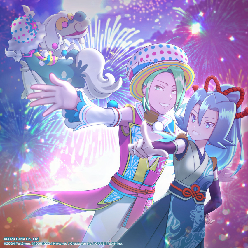 1boy 1girl blacephalon blue_eyes blue_hair clair_(new_year's_2024)_(pokemon) clair_(pokemon) commentary detached_sleeves drampa eyelashes fireworks green_eyes green_hair grin haduki_tohru hair_between_eyes hat highres long_hair official_alternate_costume official_art outdoors outstretched_arms pants pokemon pokemon_(creature) pokemon_masters_ex ponytail purple_wristband smile teeth wallace_(new_year's_2024)_(pokemon) wallace_(pokemon) watermark white_headwear white_pants