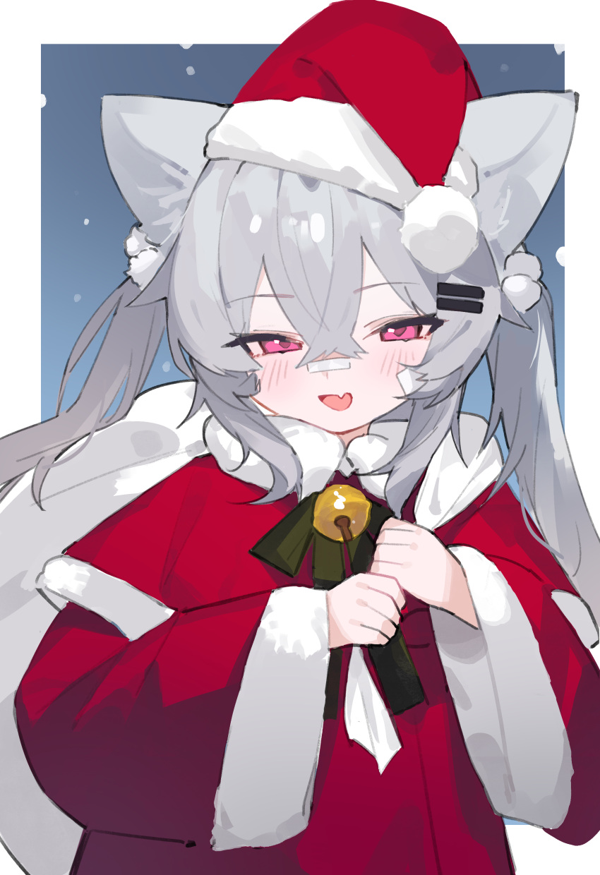 1girl absurdres animal_ears bandaid bandaid_on_face bandaid_on_nose bell blush capelet cat_ears christmas dress english_commentary fenrir_(fenriluuu) fur-trimmed_capelet fur-trimmed_dress fur-trimmed_headwear fur_trim grey_hair hair_ornament hairclip hat highres holding holding_sack long_hair looking_at_viewer neck_bell neck_ribbon open_mouth original pink_eyes red_capelet red_dress red_headwear ribbon rir-chan sack santa_costume santa_hat smile snowing solo twintails upper_body