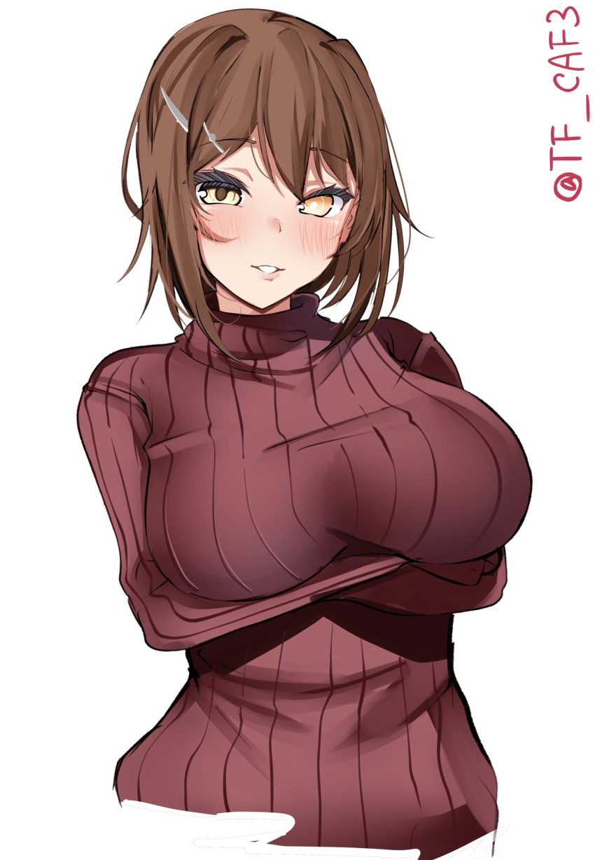 1girl alternate_costume blush breasts brown_hair crossed_arms furutaka_(kancolle) glowing glowing_eye hair_between_eyes hair_ornament hairclip highres kantai_collection large_breasts long_sleeves looking_at_viewer red_sweater ribbed_sweater short_hair simple_background smile solo sweater tf_cafe turtleneck turtleneck_sweater twitter_username upper_body white_background yellow_eyes