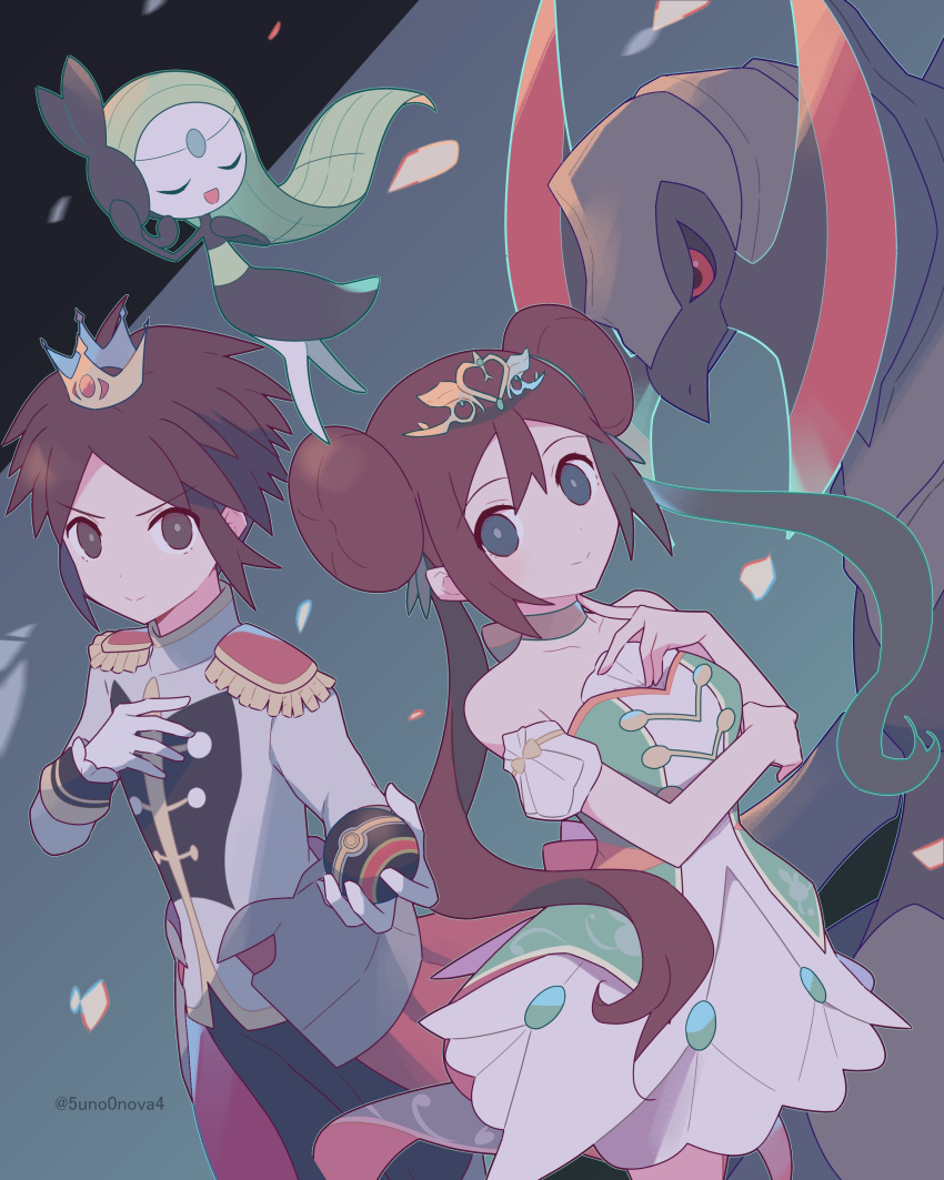 1boy 1girl 343rone absurdres alternate_color bare_shoulders bright_pupils brown_hair closed_mouth commentary_request crown dress epaulettes gloves green_eyes haxorus highres holding holding_poke_ball jacket long_hair looking_at_viewer luxury_ball meloetta mini_crown nate_(champion)_(pokemon) official_alternate_costume poke_ball pokemon pokemon_(creature) pokemon_masters_ex rosa_(champion)_(pokemon) rosa_(pokemon) shiny_pokemon short_hair smile twintails