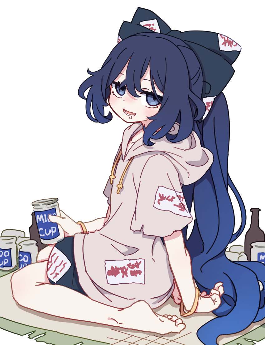 1girl absurdres bangle barefoot blue_bow blue_eyes blue_hair blue_skirt blush bottle bow bracelet cup drooling grey_hoodie hair_bow highres holding holding_cup hood hood_down hoodie jewelry kame_(kamepan44231) long_hair open_mouth short_sleeves simple_background skirt smile soles solo toes touhou white_background yorigami_shion