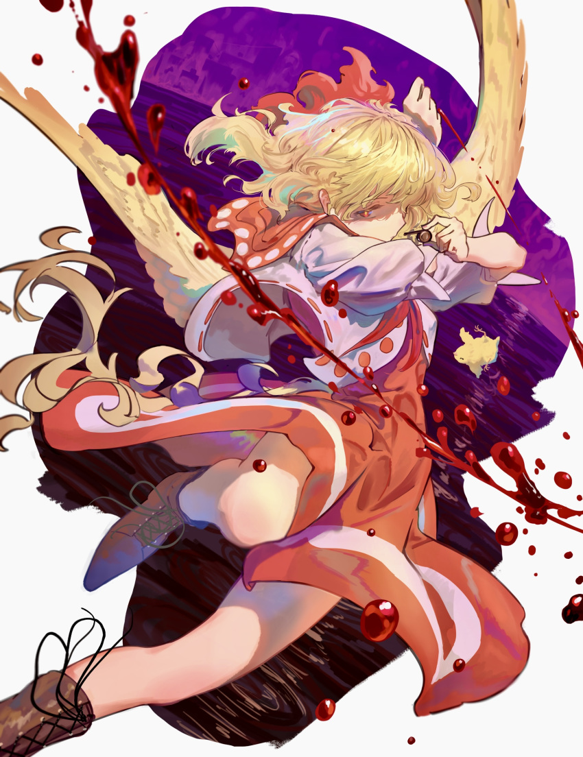 1girl ambiguous_red_liquid bird_tail bird_wings blonde_hair boots brown_footwear cross-laced_footwear dress feathered_wings highres holding holding_whistle kajatony lace-up_boots multicolored_hair niwatari_kutaka orange_dress puffy_short_sleeves puffy_sleeves red_eyes shaded_face shirt short_hair short_sleeves solo tail touhou two-tone_hair whistle white_shirt wings yellow_wings
