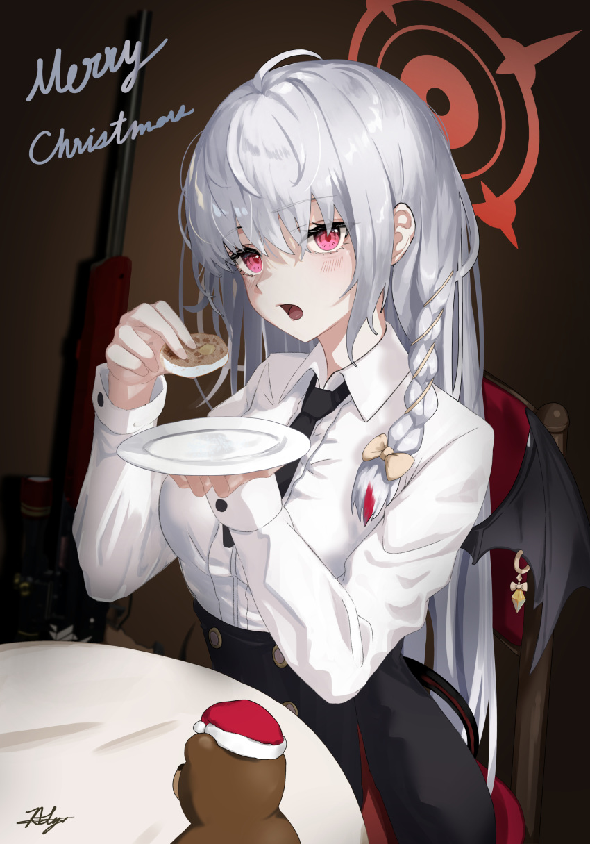 1girl absurdres ahoge black_necktie black_skirt black_tail black_wings blue_archive blush braid breasts chaciooh chair christmas collared_shirt demon_wings food grey_hair gun halo haruna_(blue_archive) highres holding holding_food holding_plate indoors large_breasts long_hair long_sleeves looking_at_viewer merry_christmas necktie open_mouth plate red_eyes red_halo shirt side_braid signature single_wing sitting skirt solo weapon white_shirt wings