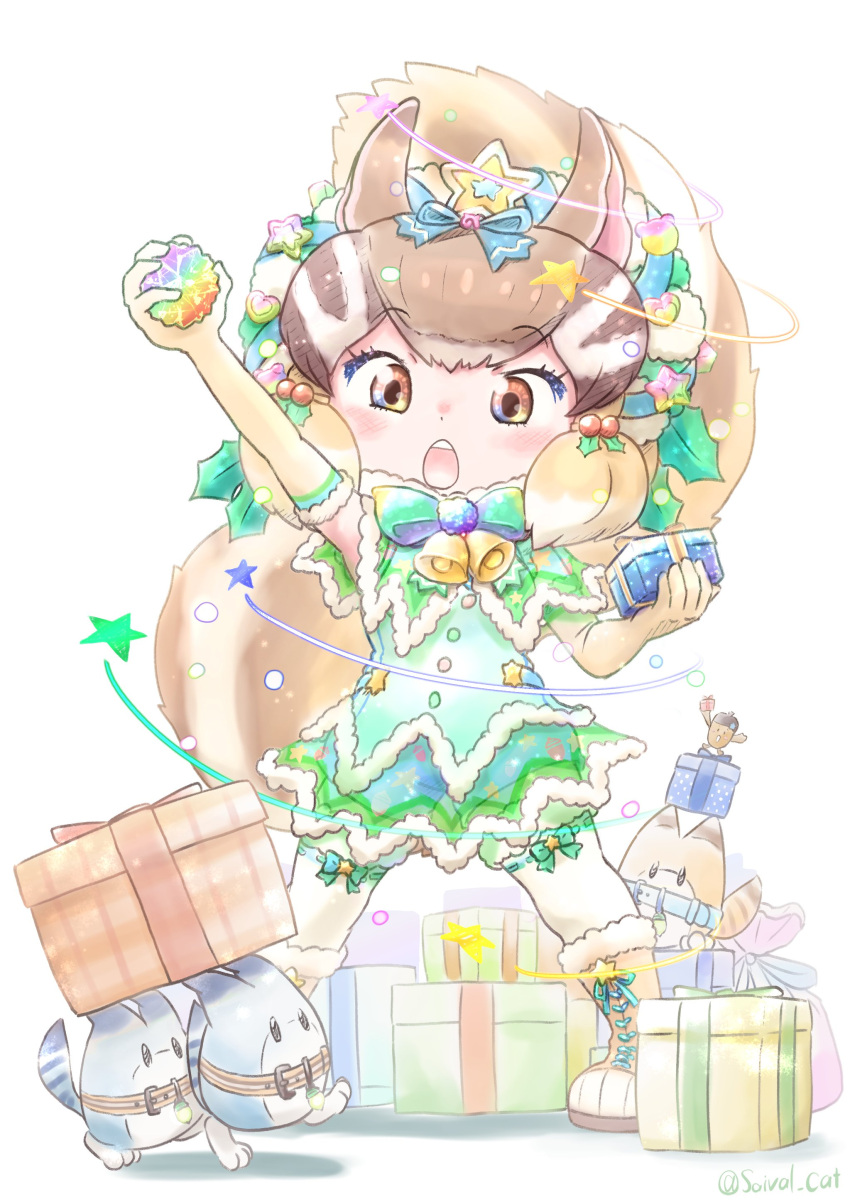 1girl absurdres acorn animal_ears boots bow bowtie brown_eyes brown_hair chipmunk_ears chipmunk_girl chipmunk_tail christmas christmas_present dress elbow_gloves extra_ears gift gloves hair_ornament highres kemono_friends kemono_friends_v_project looking_at_viewer lucky_beast_(kemono_friends) ribbon saival_cat short_hair siberian_chipmunk_(kemono_friends) skirt tail thigh-highs virtual_youtuber