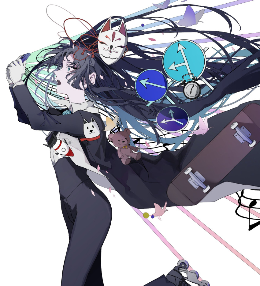 1girl ado_(utaite) alarm_clock black_bow black_bowtie black_coat black_hair blue_eyes blue_flower blue_hair blue_rose bow bowtie bug butterfly cellphone chando_(ado) clock cloud_nine_inc coat collared_shirt colored_inner_hair commentary_request dress_shirt falling_petals floating_hair flower flower_brooch fox_mask gloves highres holding holding_phone long_hair long_sleeves mask multicolored_hair musical_note official_art open_clothes open_coat open_mouth orihara_(ewkkyorhr) petals phone profile rocket roller_skates rose shirt simple_background skateboard skates smartphone softbank solo staff_(music) stuffed_animal stuffed_toy teddy_bear teeth two-tone_hair utaite white_background white_gloves white_shirt