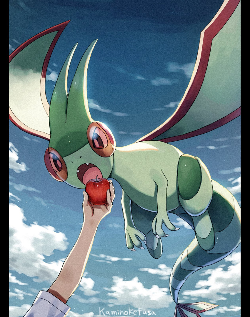 animal_focus antennae apple artist_name blue_sky claws clouds colored_skin eating fangs floating flygon food fruit green_skin highres kaminokefusa open_mouth pillarboxed pokemon pokemon_(creature) sky tail wings