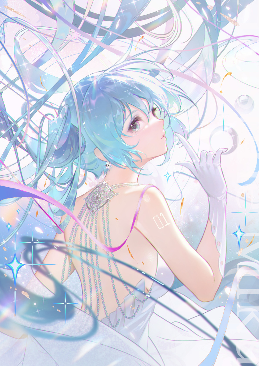 1girl absurdly_long_hair absurdres backless_dress backless_outfit blue_hair breasts closed_mouth dress floating_hair gloves green_eyes hatsune_miku highres index_finger_raised jie_xiaoming long_hair medium_breasts miku_symphony_(vocaloid) number_tattoo profile sideboob sleeveless sleeveless_dress solo tattoo twintails very_long_hair vocaloid white_dress white_gloves