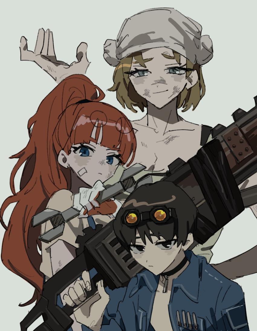 1boy 2girls absurdres aqua_eyes black_choker blue_jacket chainsaw choker eyewear_on_head head_scarf high_ponytail highres holding holding_weapon holding_wrench jacket limbus_company long_hair looking_at_viewer meisenlcb mika_(project_moon) multiple_girls olga_(project_moon) open_clothes open_jacket project_moon rain_(project_moon) redhead round_eyewear simple_background upper_body very_long_hair weapon white_background wrench