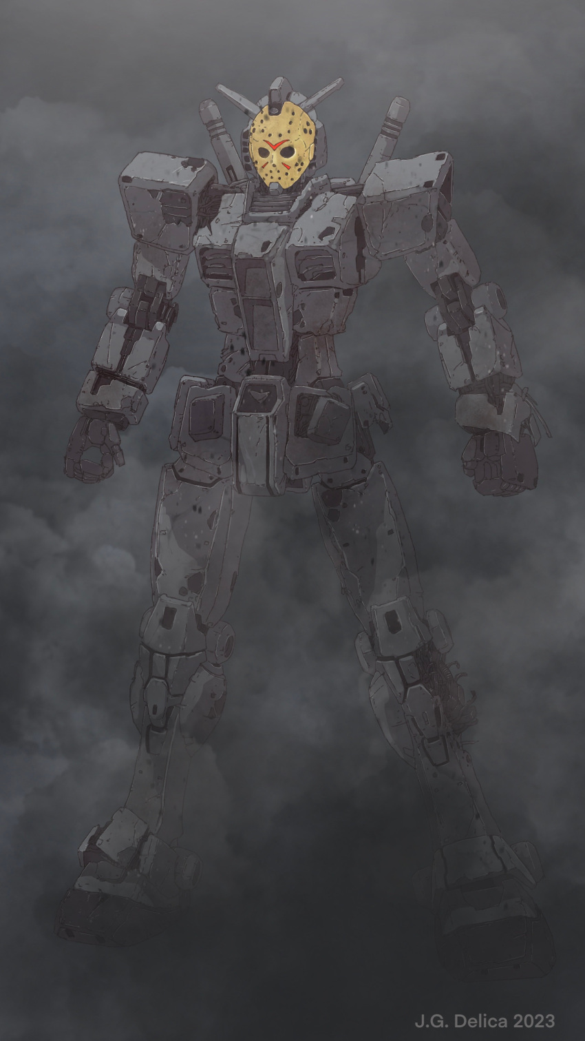 2023 absurdres alternate_universe atomicgenjin bad_end crossover damaged dated dirty english_commentary fog friday_the_13th friday_the_13th:_the_game fusion gundam highres hockey_mask jason_voorhees machinery mask mecha mobile_suit mobile_suit_gundam no_humans robot rx-78-2 science_fiction signature what