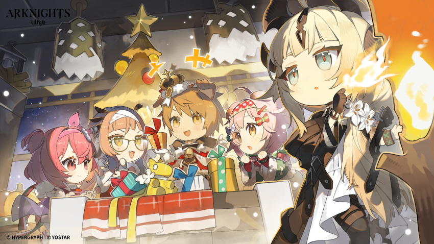 1boy 4girls absurdres animal_ears arknights blonde_hair blue_eyes box brown_eyes brown_hair cat_ears cat_girl christmas christmas_tree commentary demon_girl demon_horns dog_boy dog_ears english_commentary erato_(arknights) erato_(untold_stories)_(arknights) gift gift_box glasses goldenglow_(arknights) goldenglow_(maiden_for_the_bright_night)_(arknights) greyy_(arknights) greyy_the_lightningbearer_(aftershow)_(arknights) greyy_the_lightningbearer_(arknights) highres horns indoors mokuroh multiple_girls official_art open_mouth pink_eyes pink_hair pudding_(arknights) pudding_(gleaming_fey)_(arknights) reed_(arknights) reed_the_flame_shadow_(arknights) second-party_source two_side_up