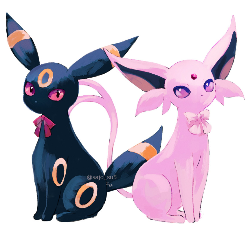 animal_focus artist_name black_fur bow commentary_request dot_nose espeon facial_mark forehead_jewel forehead_mark forked_tail highres no_humans no_mouth pink_bow pokemon pokemon_(creature) purple_fur red_bow red_eyes sitting su_(sajo_su5) tail twitter_username umbreon