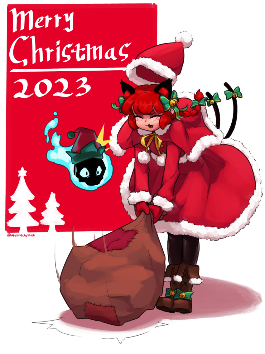 1girl 2023 absurdres aronnecroman bow braid brown_footwear capelet cat_tail christmas_tree closed_eyes commentary english_commentary full_body fur_trim green_bow hair_bow hat highres hitodama kaenbyou_rin merry_christmas multiple_tails nekomata patch pom_pom_(clothes) red_capelet red_headwear red_skirt redhead sack santa_costume santa_hat side_braids skirt solo standing tail touhou twin_braids two_tails